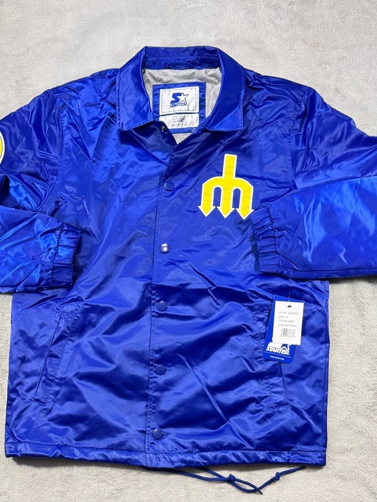 STARTER Other - NWT Starter Seattle Mariners Satin Jacket Retro Trident Spellout Blue Size M MLB